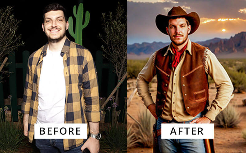 AI-Theme-Booth AI before and after photo with western theme